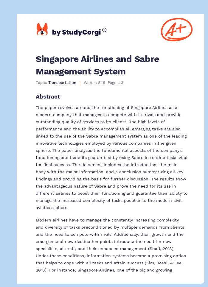Singapore Airlines and Sabre Management System. Page 1
