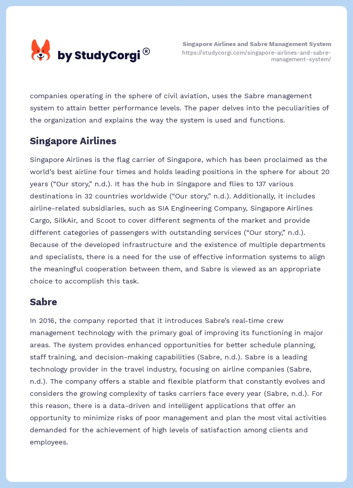 Singapore Airlines and Sabre Management System. Page 2