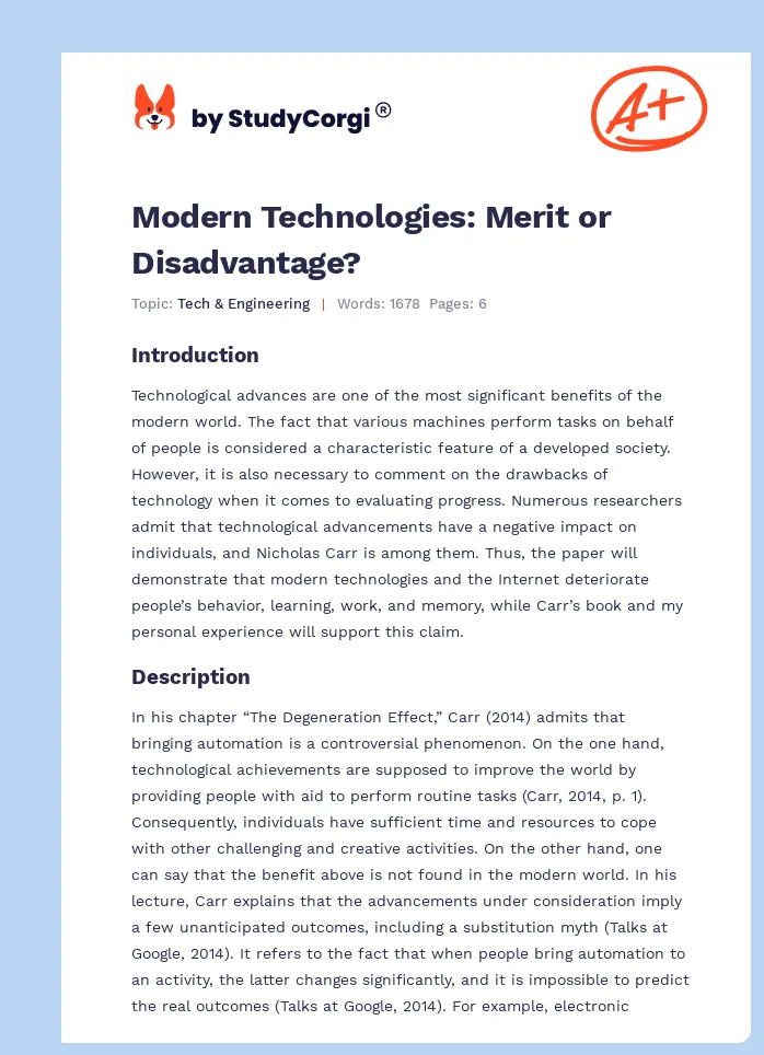 Modern Technologies: Merit or Disadvantage?. Page 1