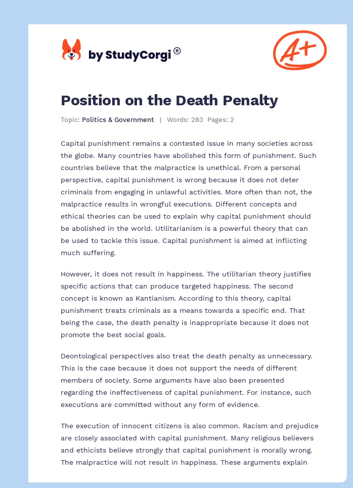 Position on the Death Penalty. Page 1