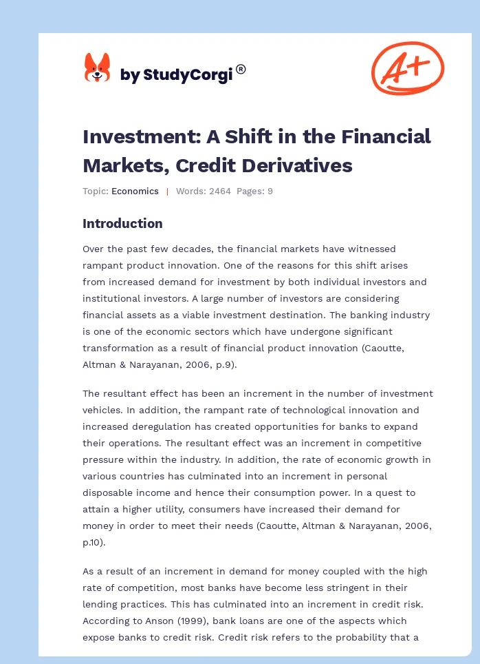 Investment: A Shift in the Financial Markets, Credit Derivatives. Page 1