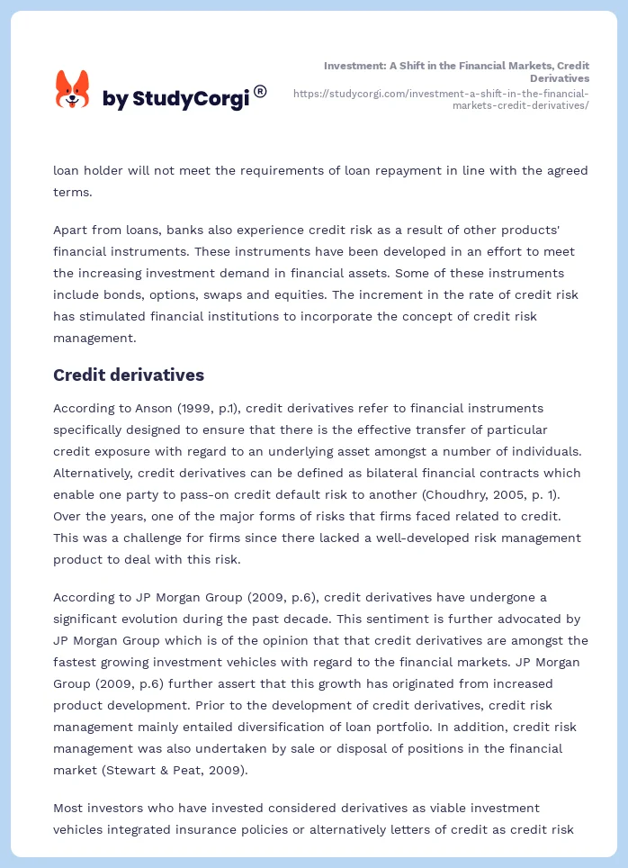 Investment: A Shift in the Financial Markets, Credit Derivatives. Page 2