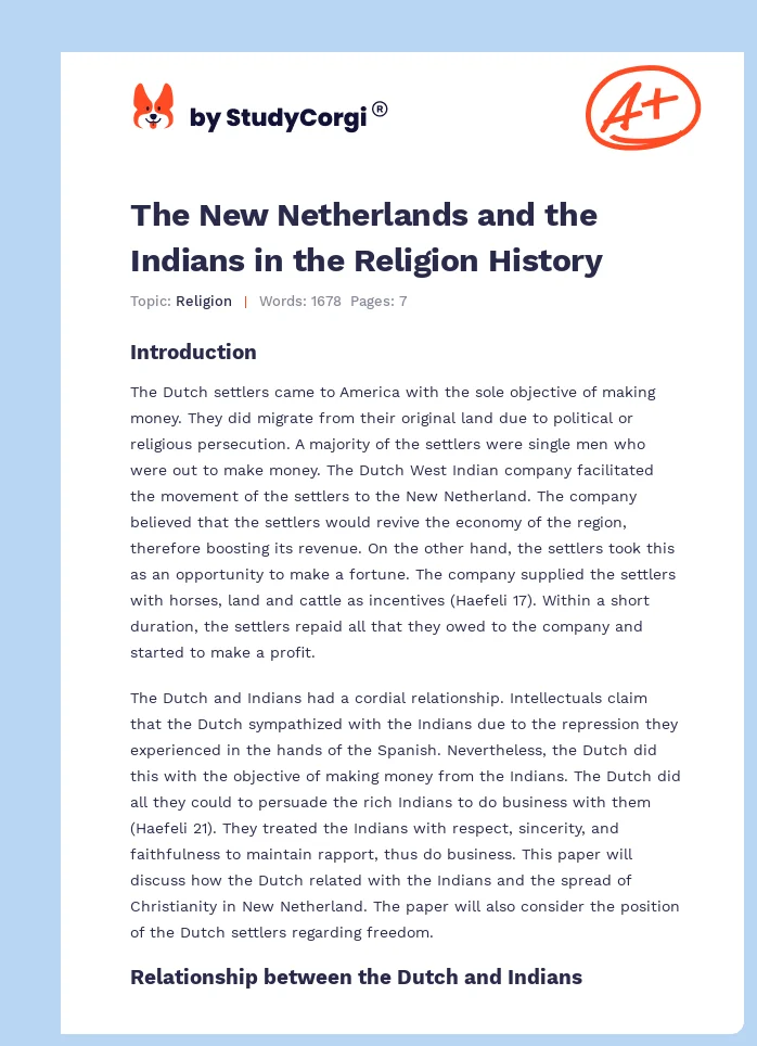 The New Netherlands and the Indians in the Religion History. Page 1