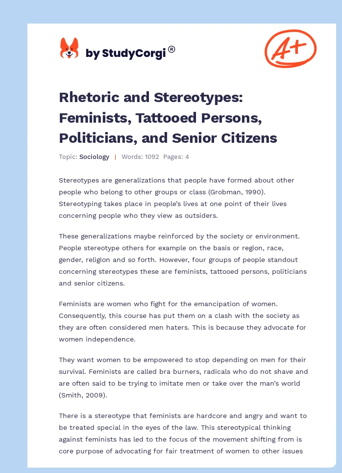 Rhetoric and Stereotypes: Feminists, Tattooed Persons, Politicians, and Senior Citizens. Page 1