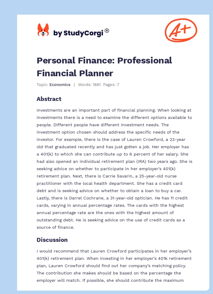 Personal Finance: Professional Financial Planner. Page 1