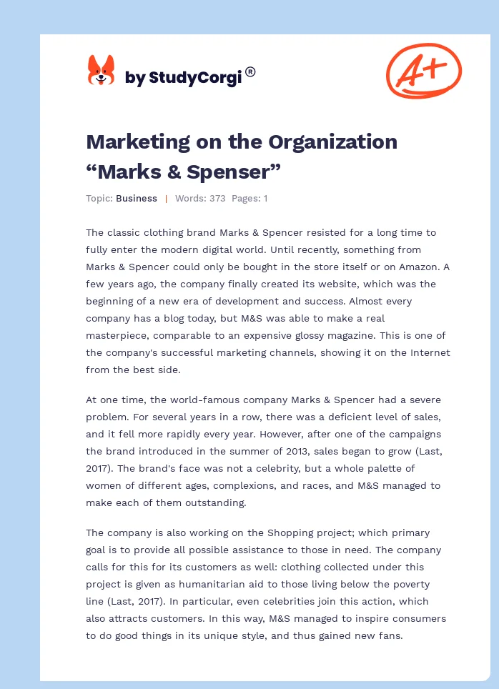 Marketing on the Organization “Marks & Spenser”. Page 1