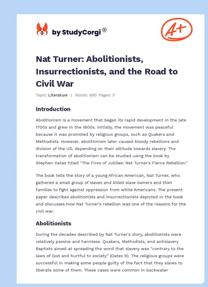 Nat Turner: Abolitionists, Insurrectionists, and the Road to Civil War. Page 1