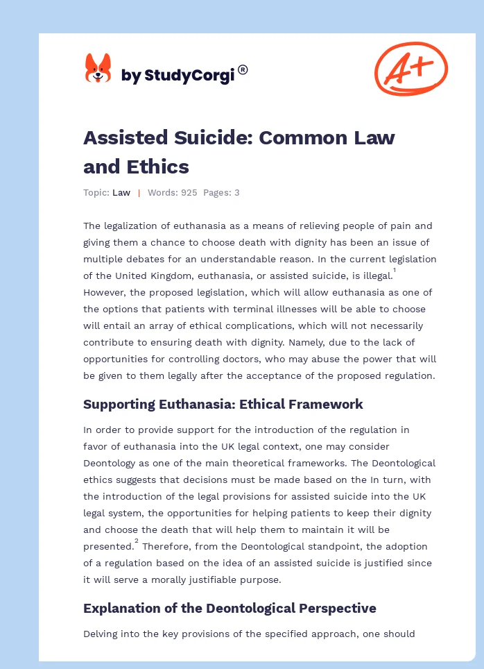 Assisted Suicide: Common Law and Ethics. Page 1
