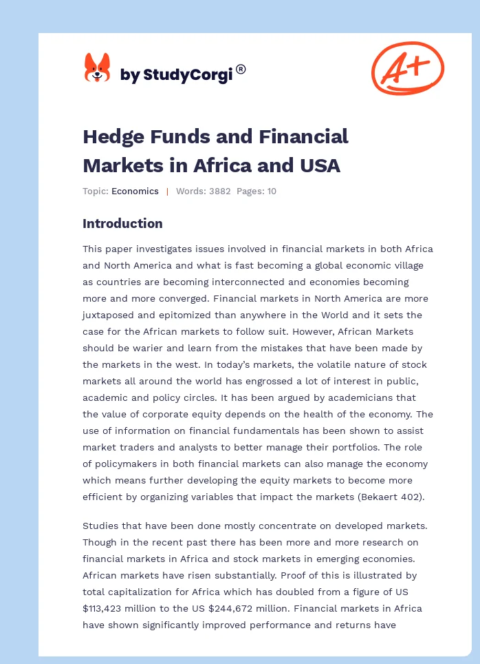 Hedge Funds and Financial Markets in Africa and USA. Page 1