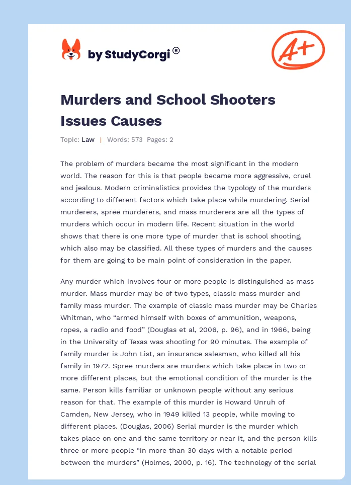 Murders and School Shooters Issues Causes. Page 1
