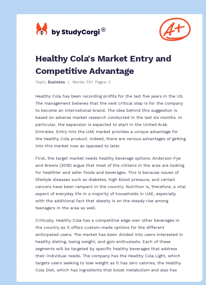Healthy Cola's Market Entry and Competitive Advantage. Page 1