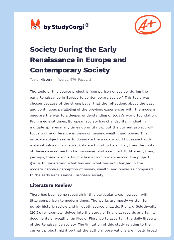 Society During the Early Renaissance in Europe and Contemporary Society. Page 1