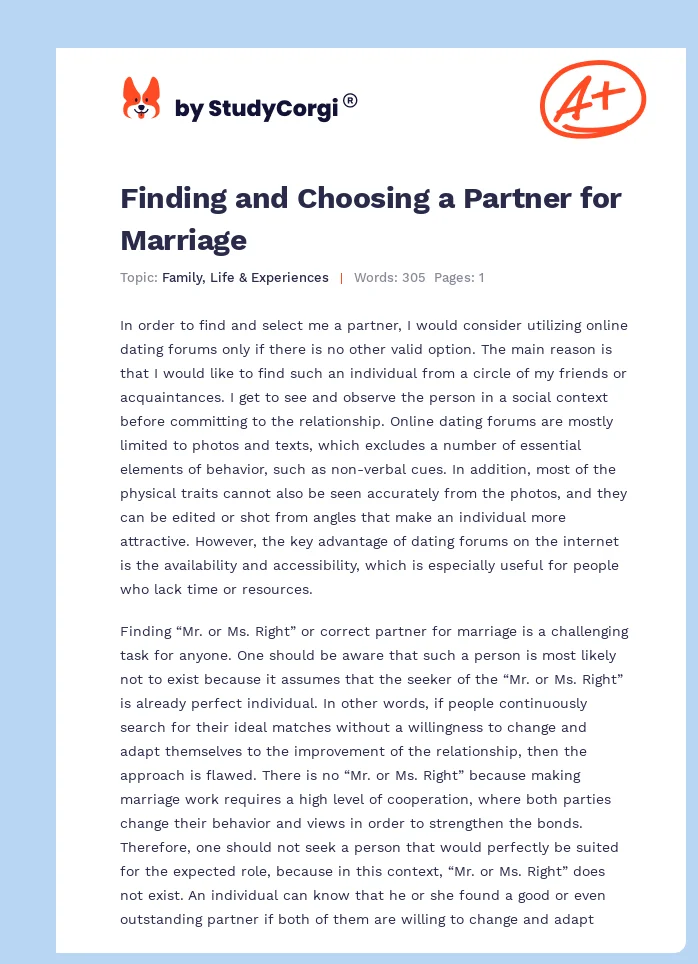Finding and Choosing a Partner for Marriage. Page 1