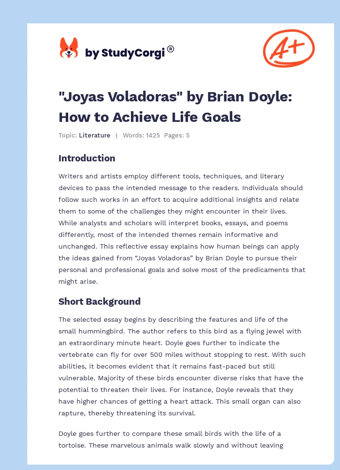 "Joyas Voladoras" by Brian Doyle: How to Achieve Life Goals. Page 1