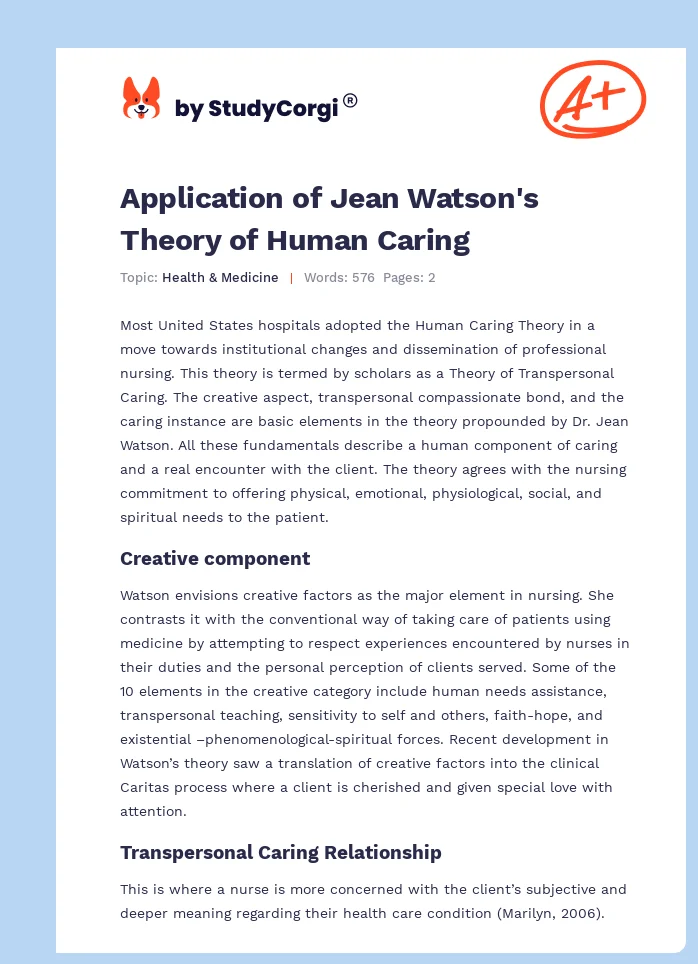 Application of Jean Watson's Theory of Human Caring. Page 1