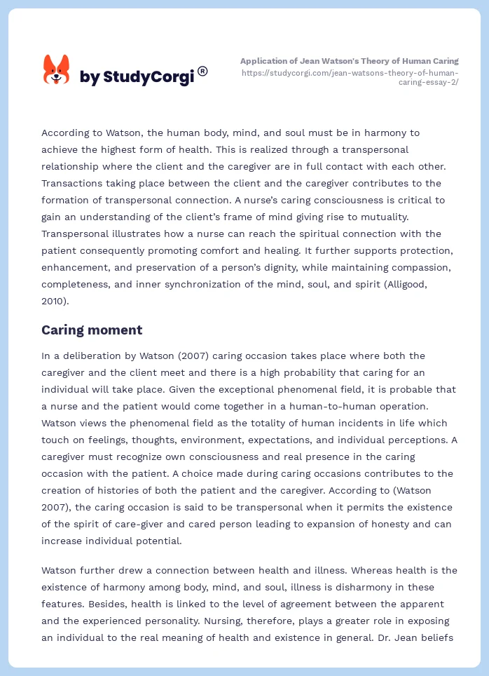 Application of Jean Watson's Theory of Human Caring. Page 2