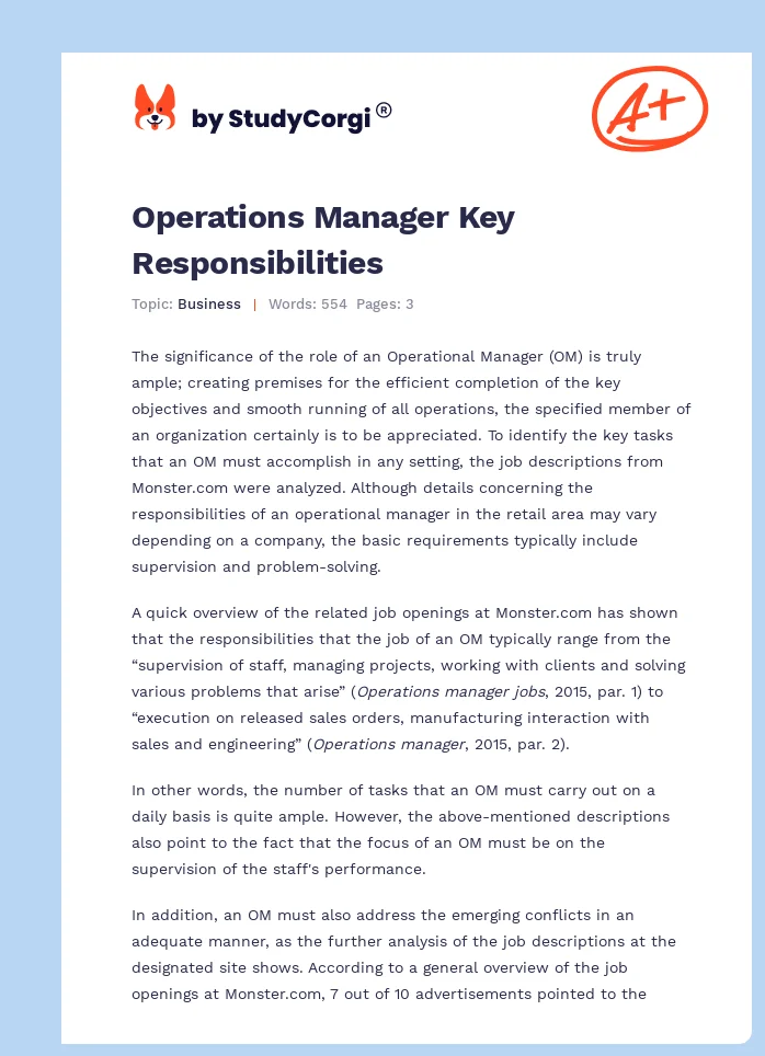 Operations Manager Key Responsibilities. Page 1