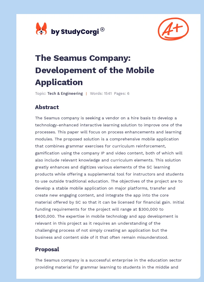The Seamus Company: Developement of the Mobile Application. Page 1