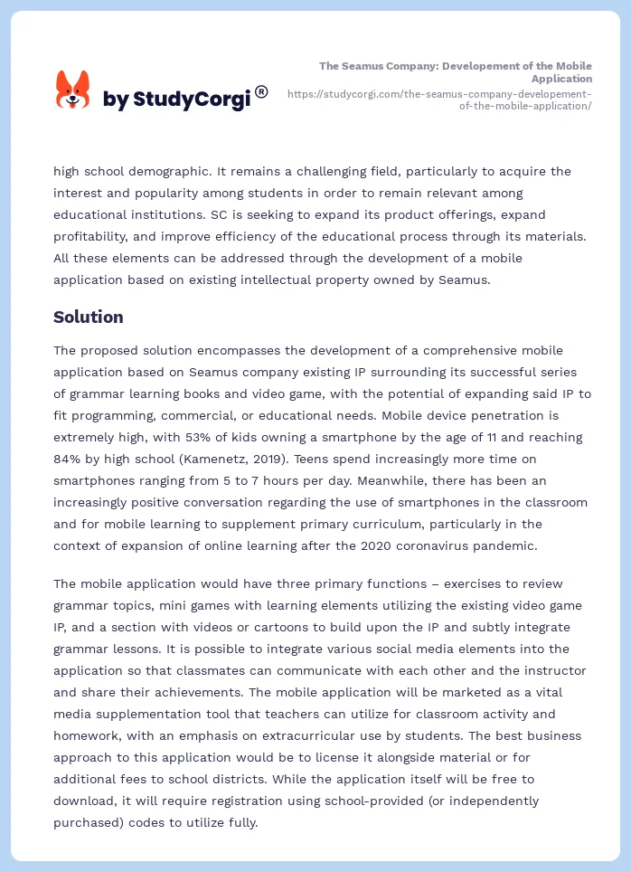 The Seamus Company: Developement of the Mobile Application. Page 2
