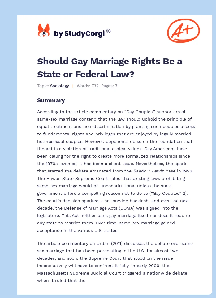 Should Gay Marriage Rights Be a State or Federal Law?. Page 1