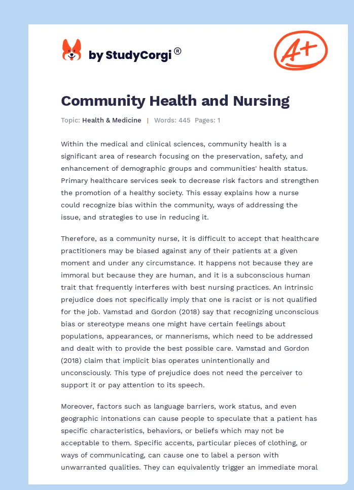 Community Health and Nursing. Page 1