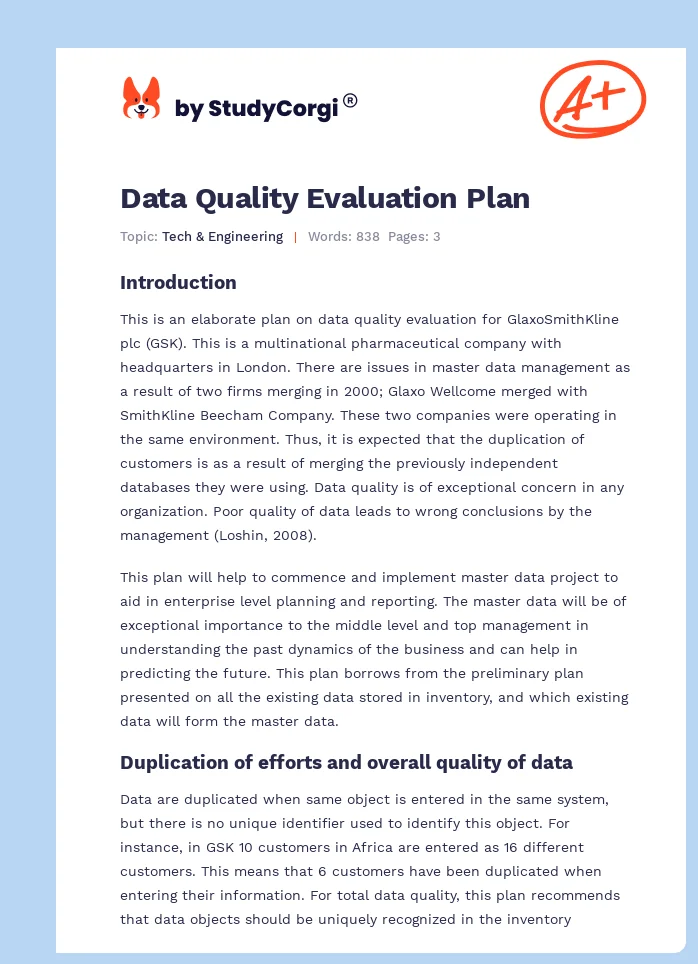 Data Quality Evaluation Plan. Page 1