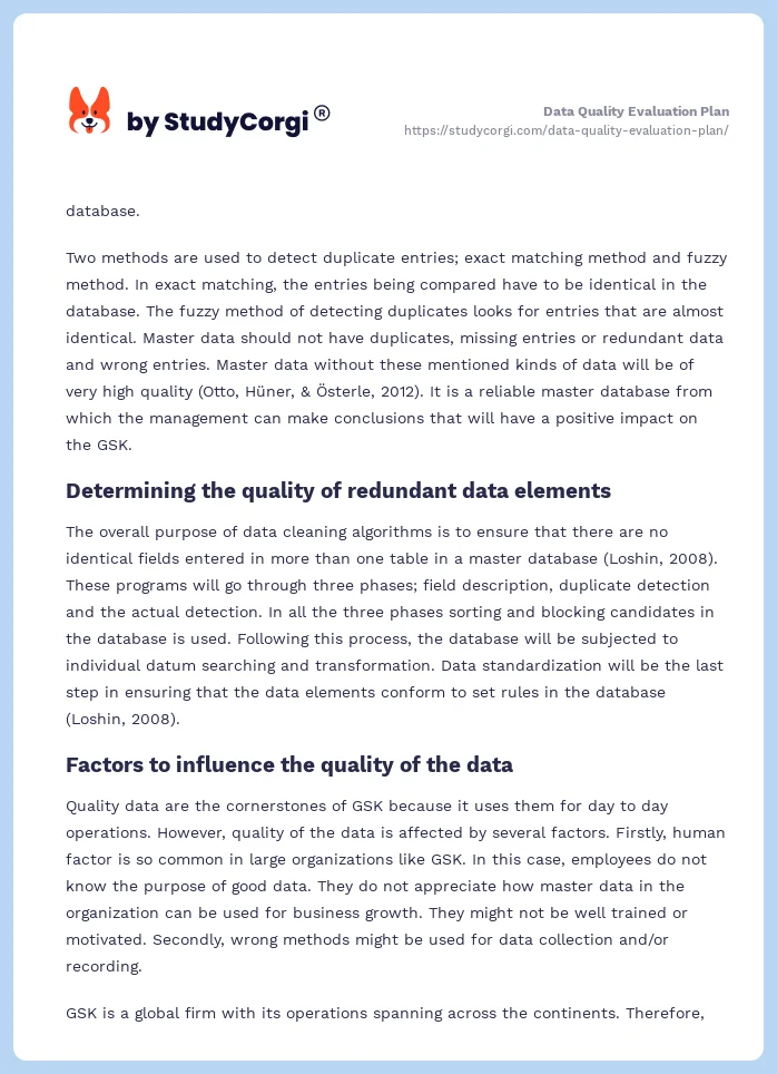 Data Quality Evaluation Plan. Page 2