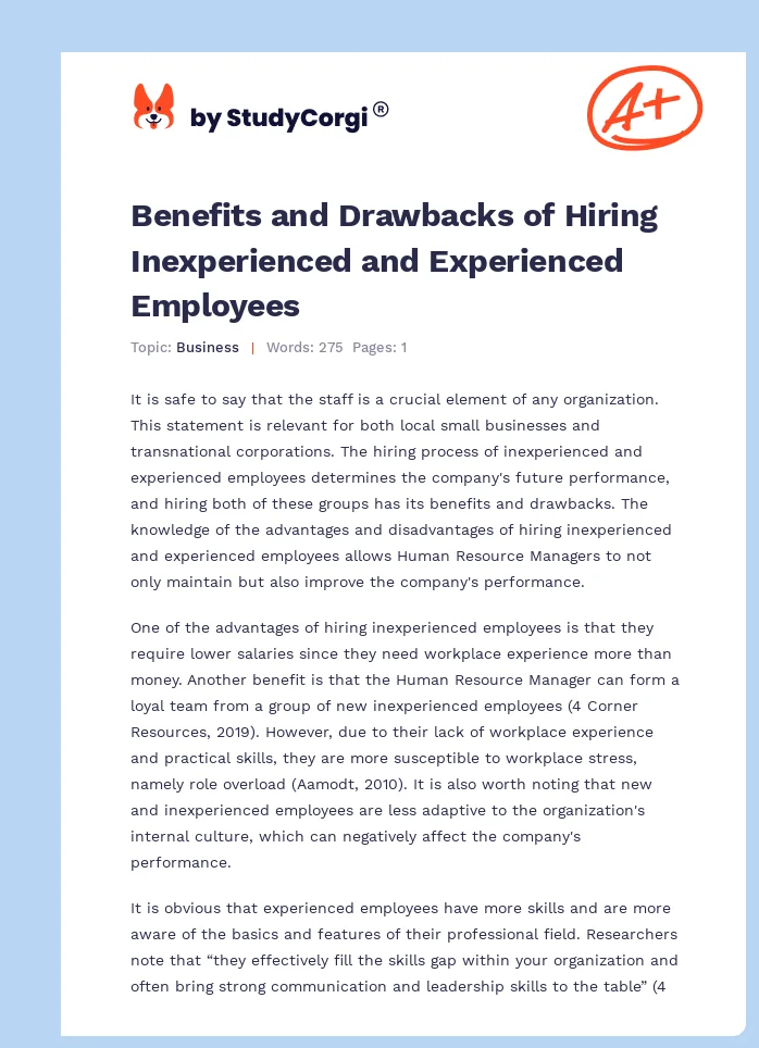 Benefits and Drawbacks of Hiring Inexperienced and Experienced Employees. Page 1