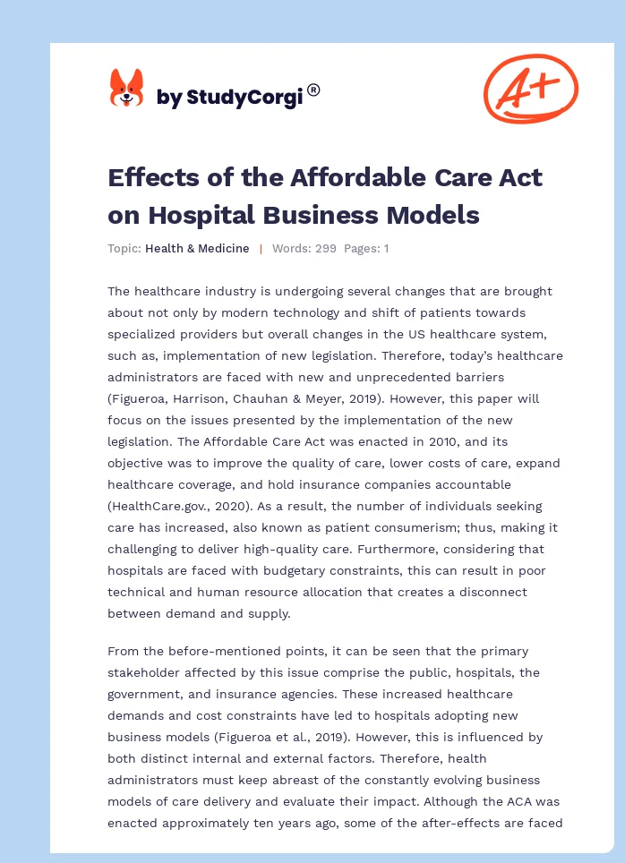 Effects of the Affordable Care Act on Hospital Business Models. Page 1