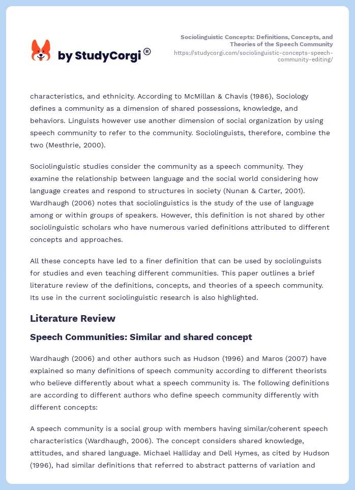 Sociolinguistic Concepts: Definitions, Concepts, and Theories of the Speech Community. Page 2