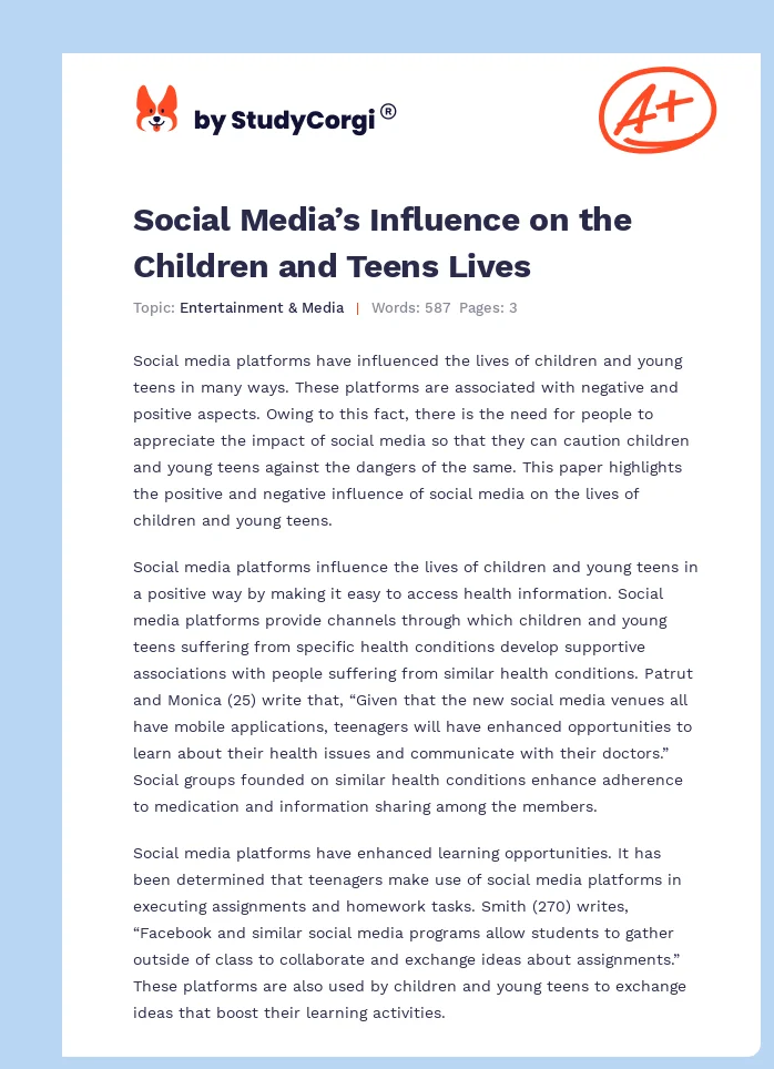 Social Media’s Influence on the Children and Teens Lives. Page 1