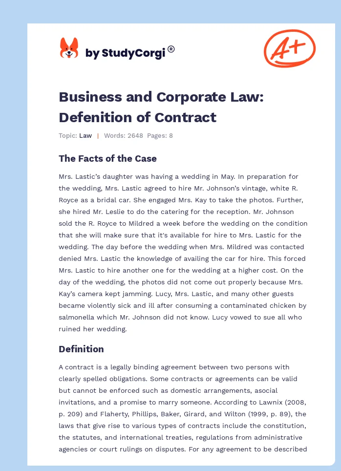 Business and Corporate Law: Defenition of Contract. Page 1