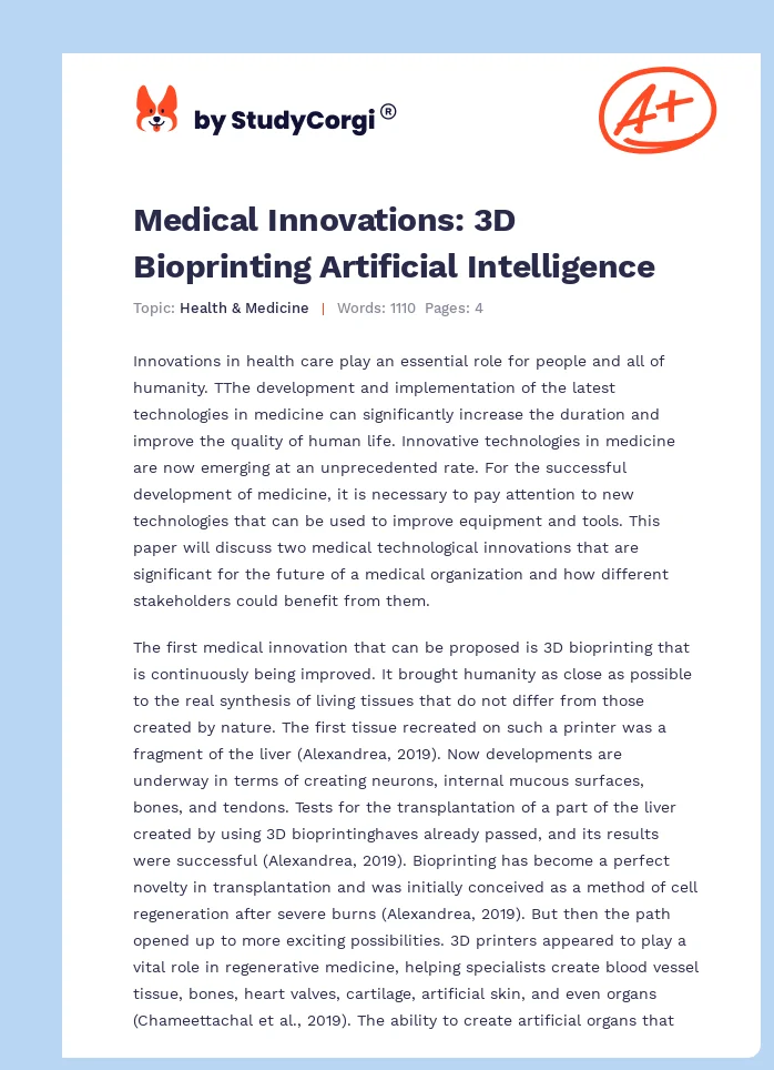 Medical Innovations: 3D Bioprinting Artificial Intelligence. Page 1