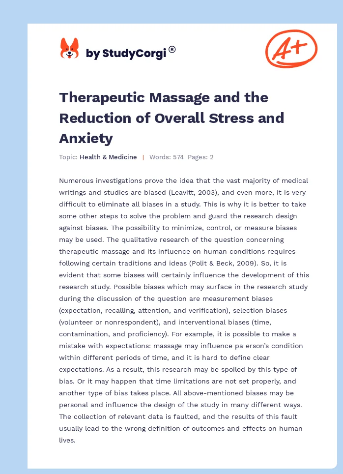 Therapeutic Massage and the Reduction of Overall Stress and Anxiety. Page 1