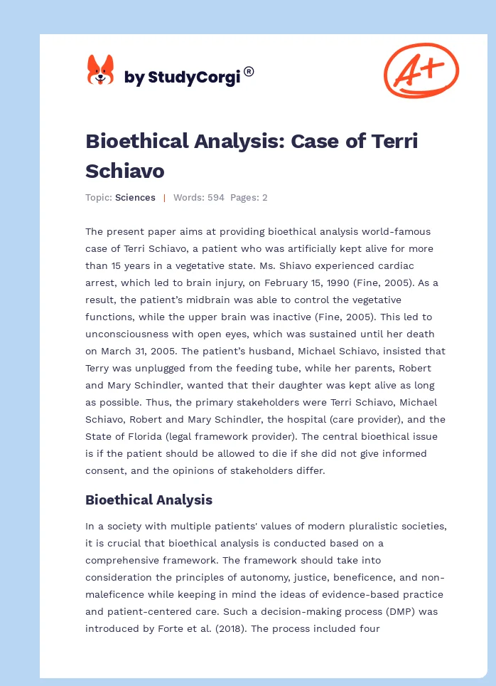 Bioethical Analysis: Case of Terri Schiavo. Page 1