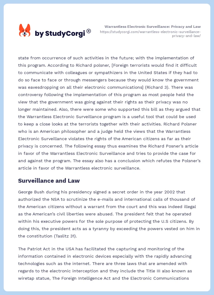 Warrantless Electronic Surveillance: Privacy and Law. Page 2