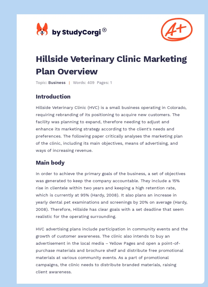 Hillside Veterinary Clinic Marketing Plan Overview. Page 1