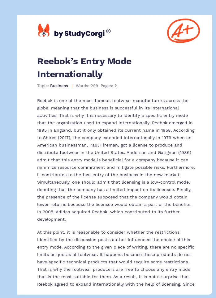 Reebok’s Entry Mode Internationally. Page 1