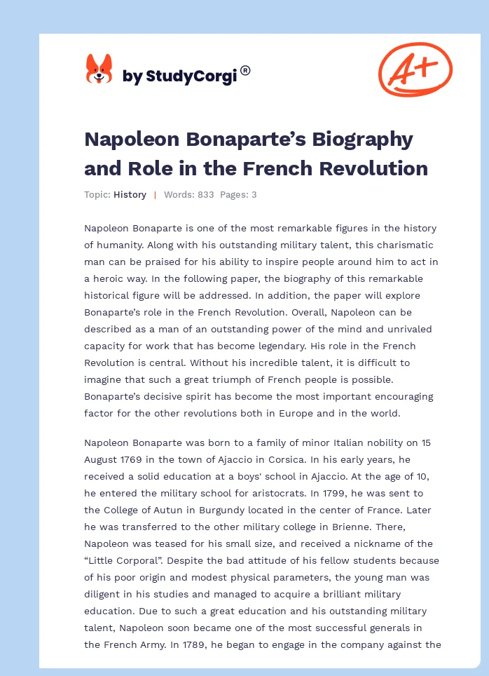 Napoleon Bonaparte’s Biography and Role in the French Revolution. Page 1