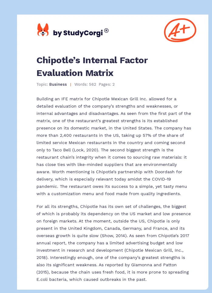 Chipotle’s Internal Factor Evaluation Matrix. Page 1