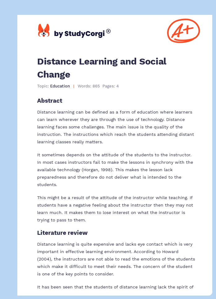 Distance Learning and Social Change. Page 1