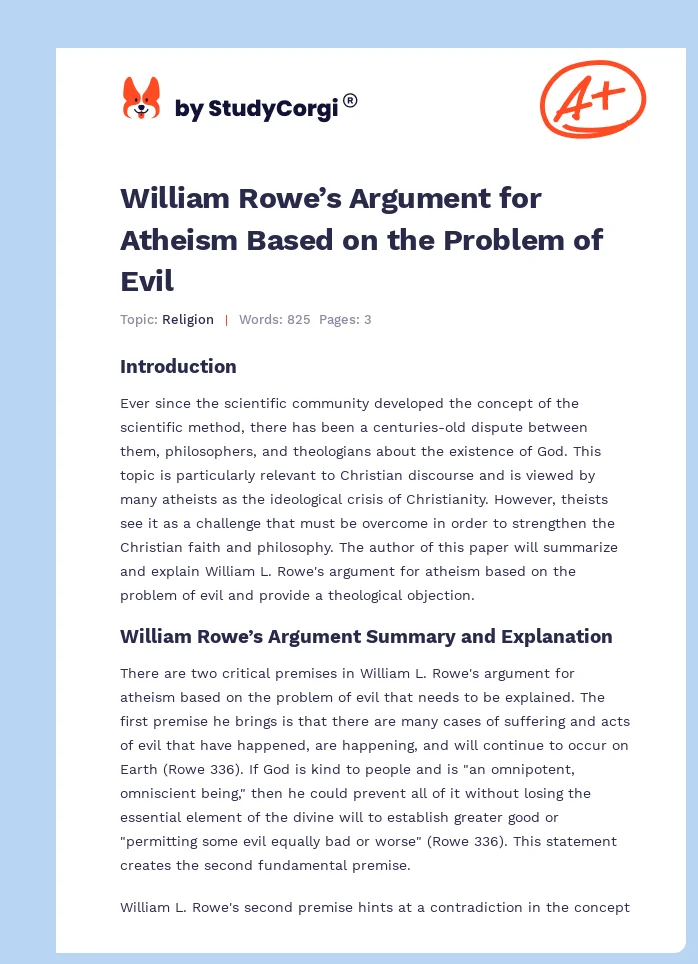 William Rowe’s Argument for Atheism Based on the Problem of Evil. Page 1
