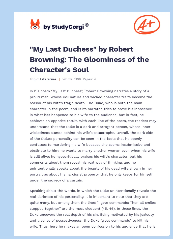 "My Last Duchess" by Robert Browning: The Gloominess of the Character's Soul. Page 1