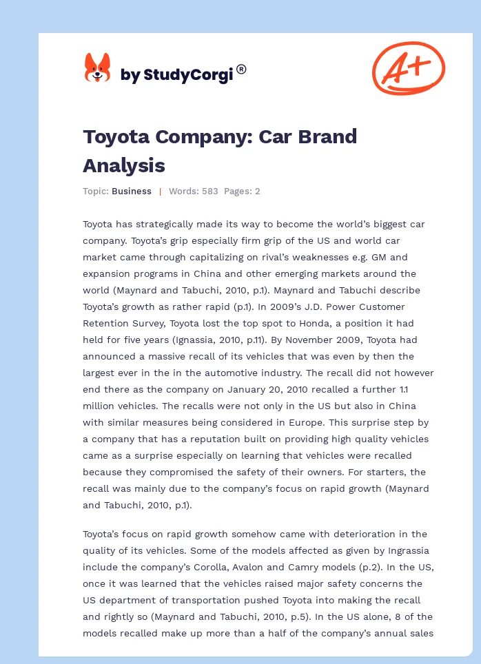 Toyota Company: Car Brand Analysis. Page 1