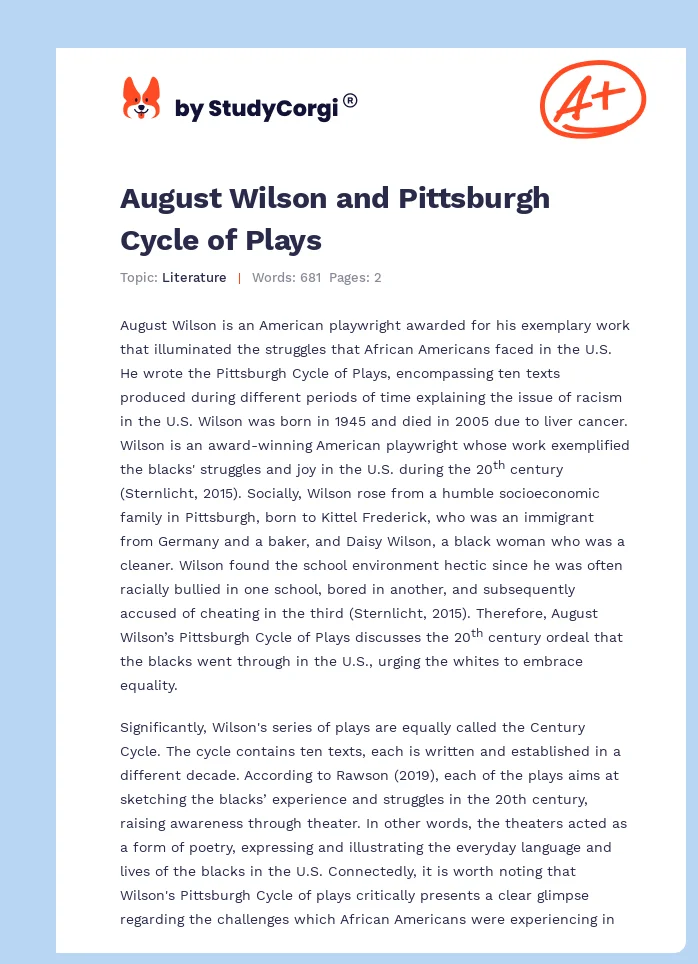 August Wilson and Pittsburgh Cycle of Plays. Page 1