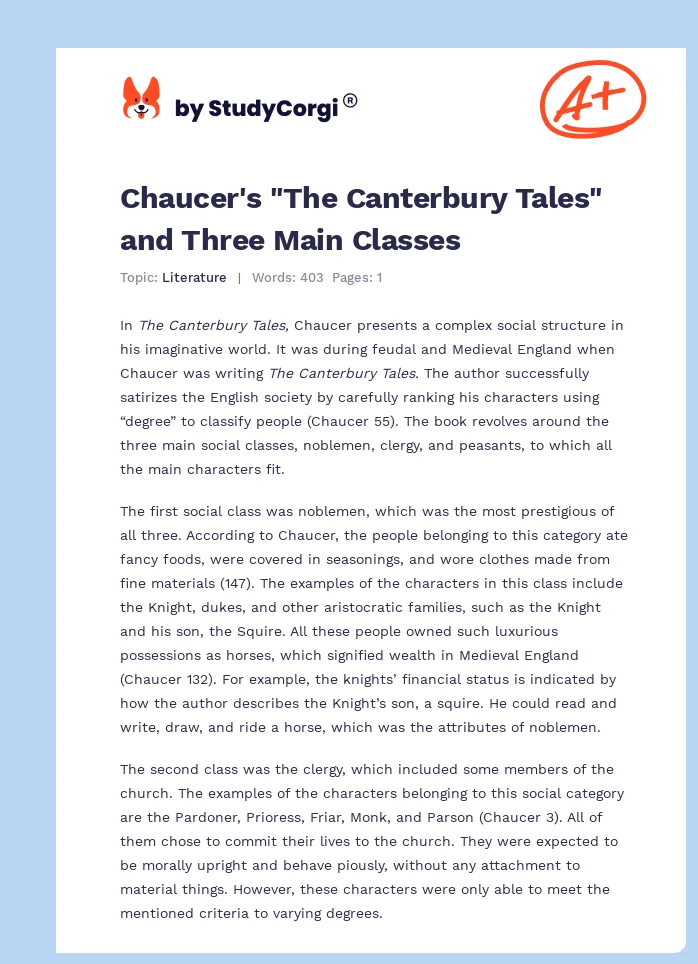 Chaucer's "The Canterbury Tales" and Three Main Classes. Page 1
