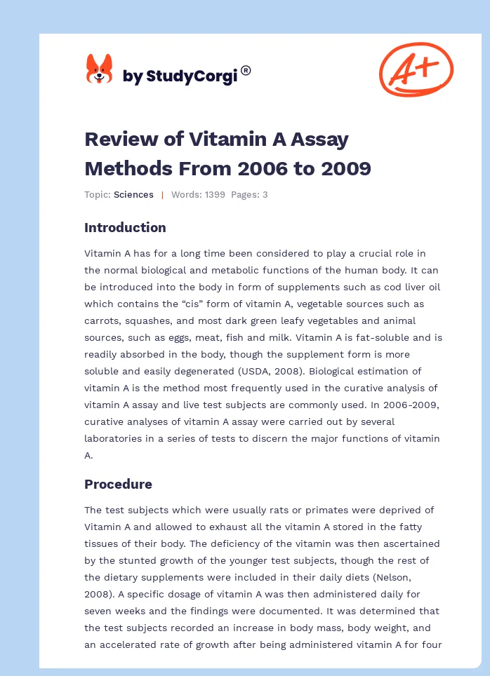 Review of Vitamin A Assay Methods From 2006 to 2009. Page 1
