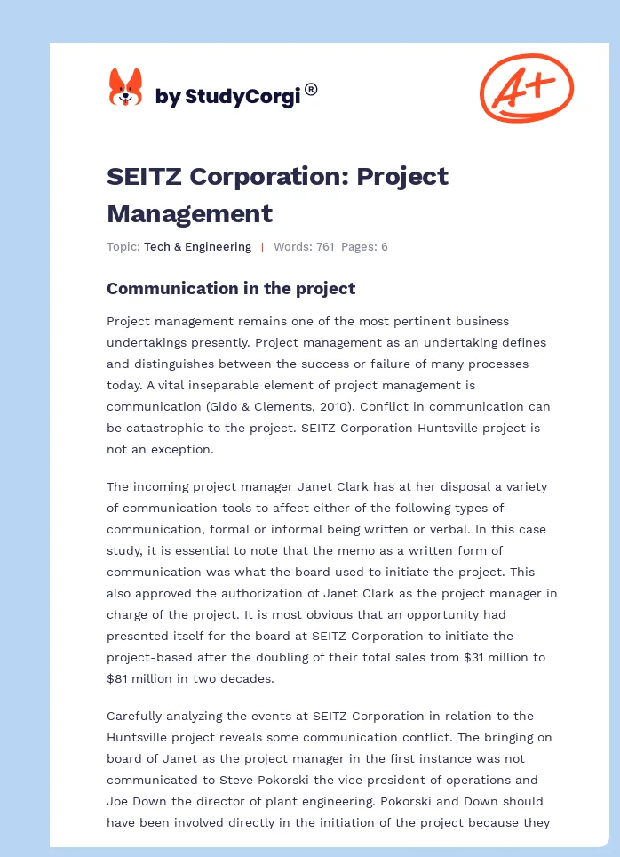 SEITZ Corporation: Project Management. Page 1