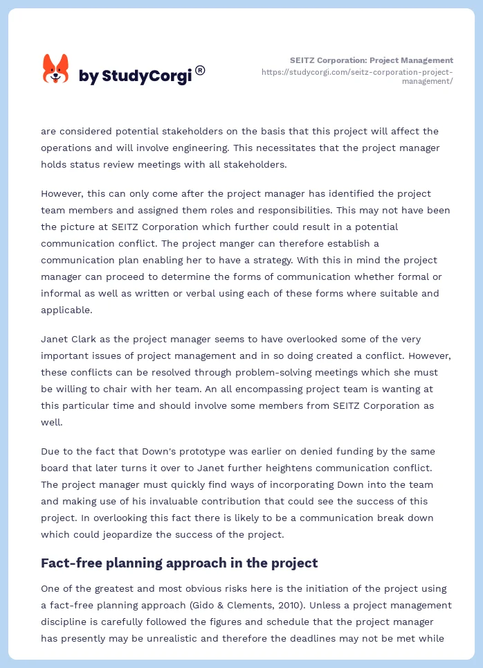 SEITZ Corporation: Project Management. Page 2