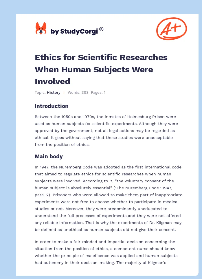 Ethics for Scientific Researches When Human Subjects Were Involved. Page 1